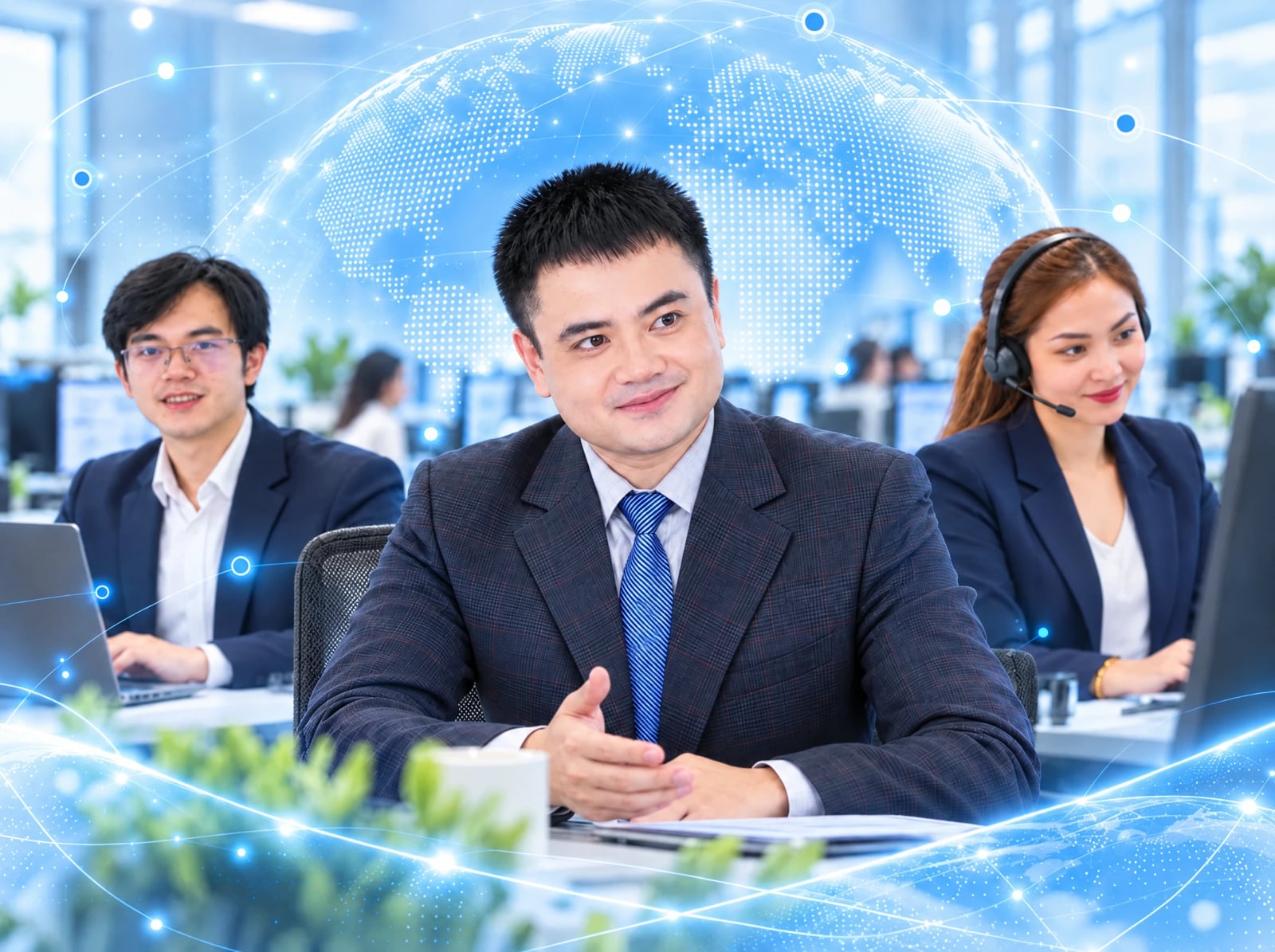 Sales representative in conversation at his desk, with two colleagues working beside him