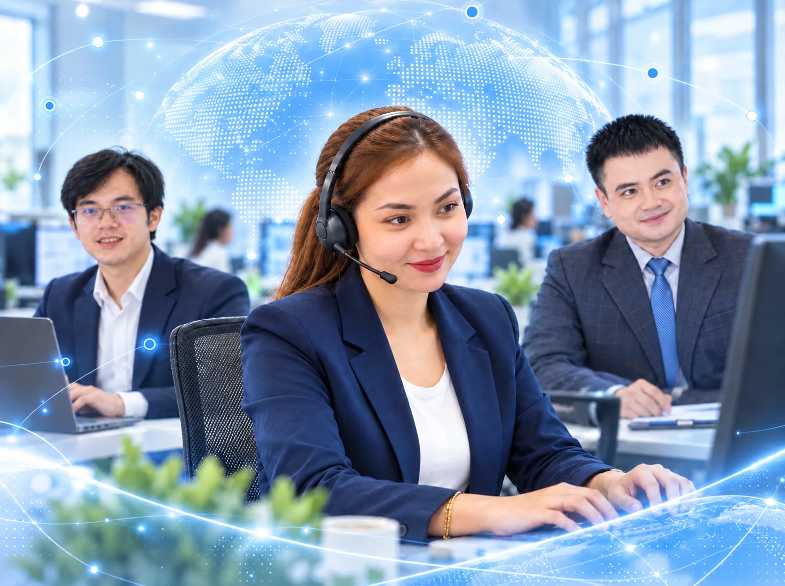Customer service agent wearing a headset at her desk, with two colleagues working beside her