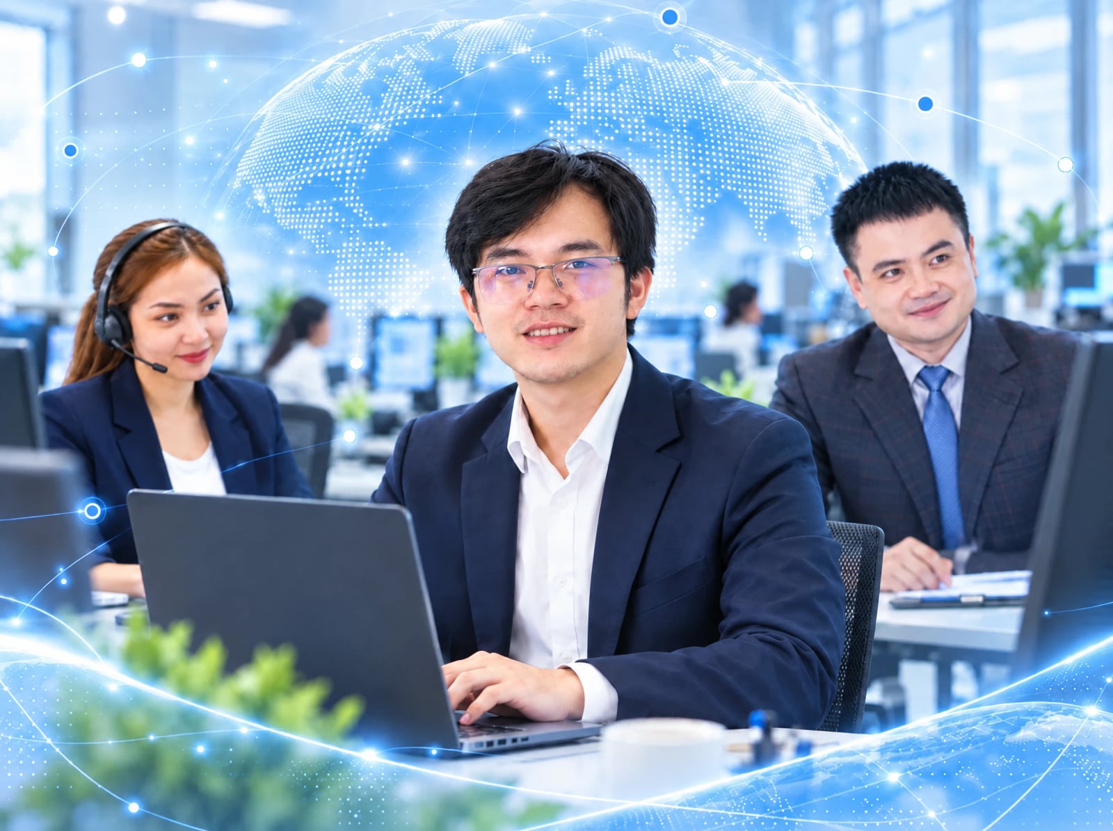Technical support specialist at his laptop, with two colleagues working beside him